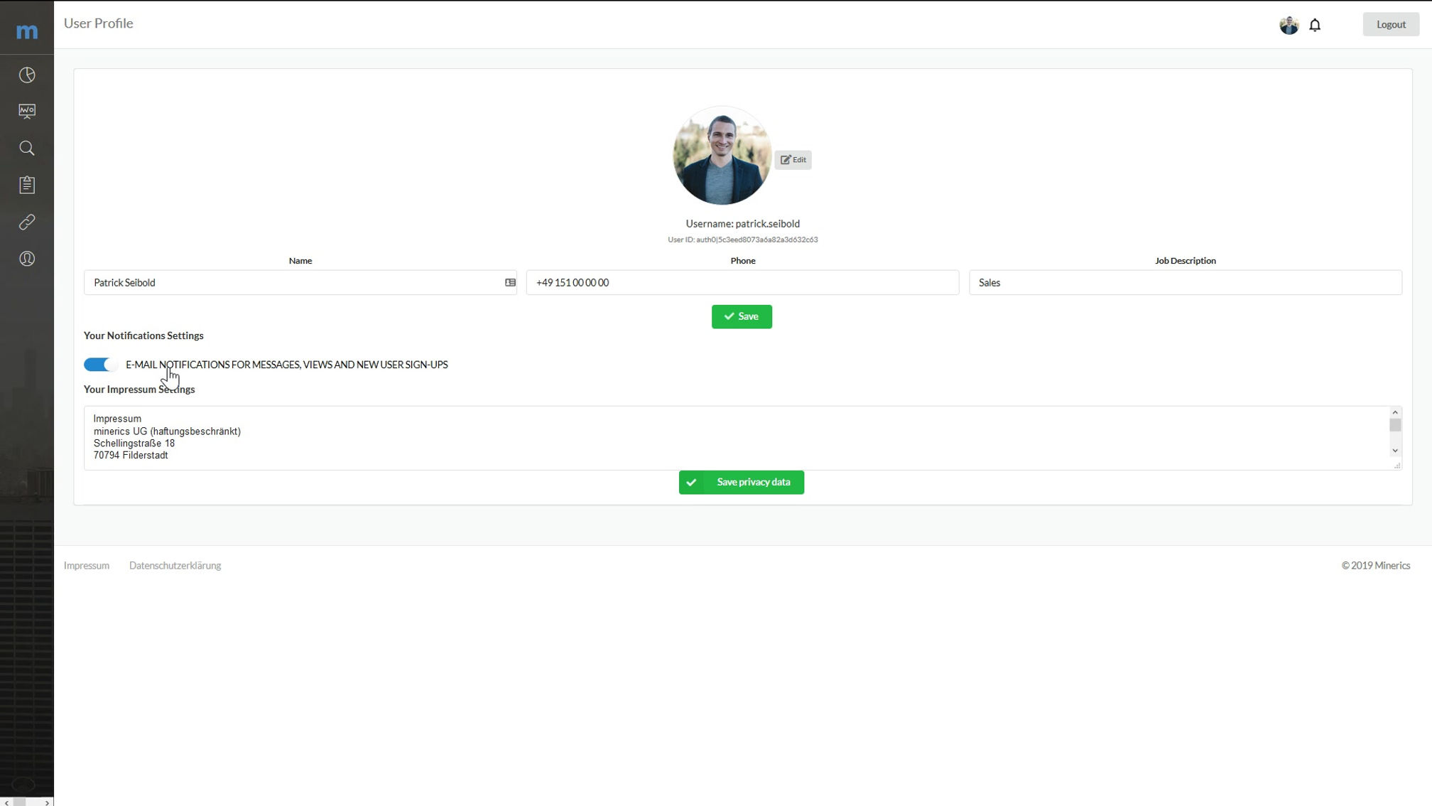 Impressum und Profil ausfüllen
